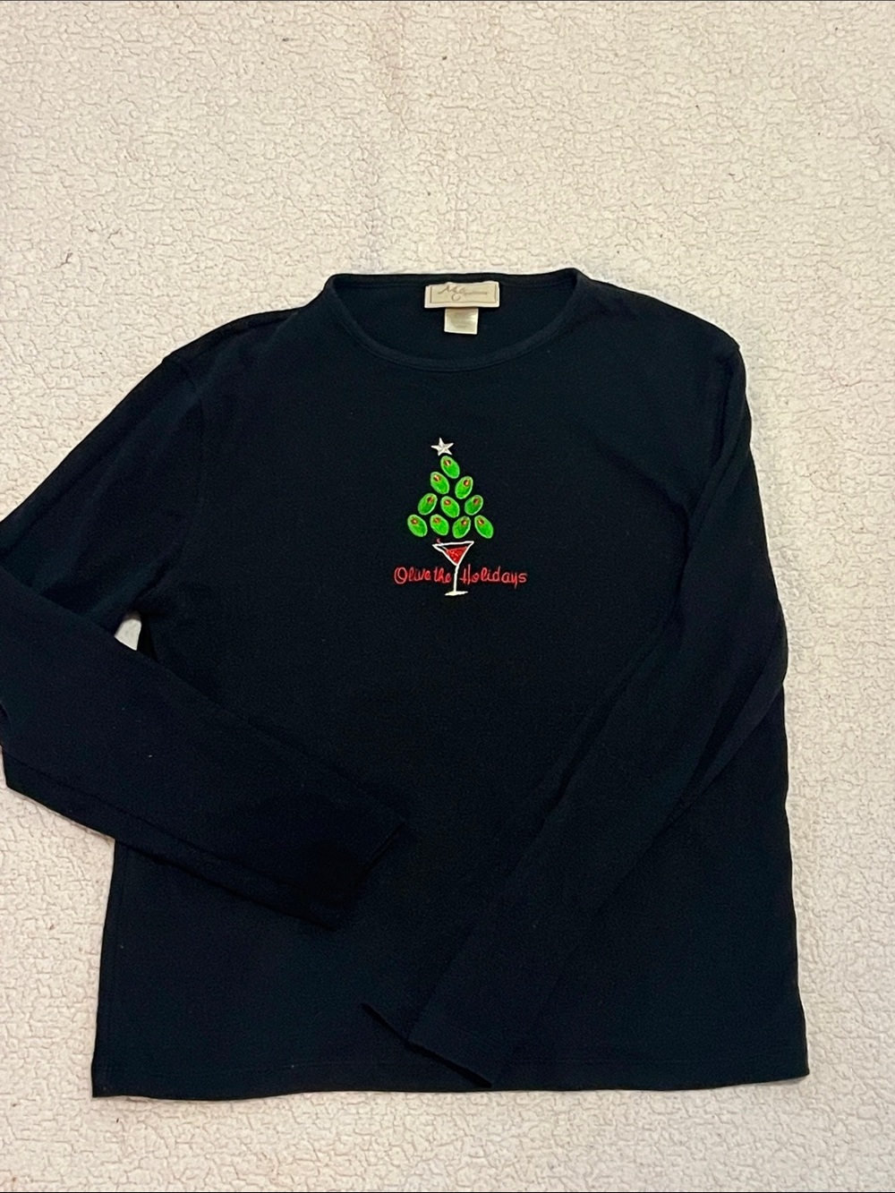 Vintage Holiday  Black Crewneck Sweater with Green & Red Holiday Tree Motif